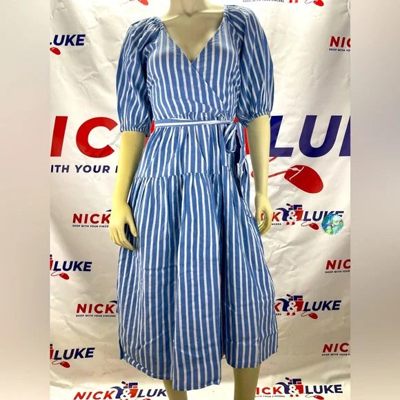 Old Navy MIDI Wrap Women’s Blue/White Stripe Dress. Elasticized cuffs